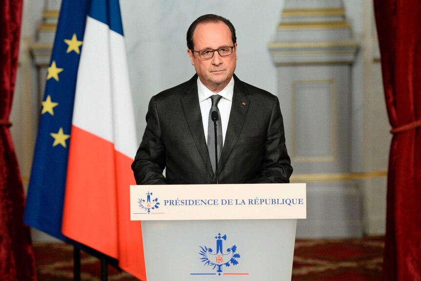French president Francois Hollande speaks at the Elysee Palace in Paris on November 14, 2015.