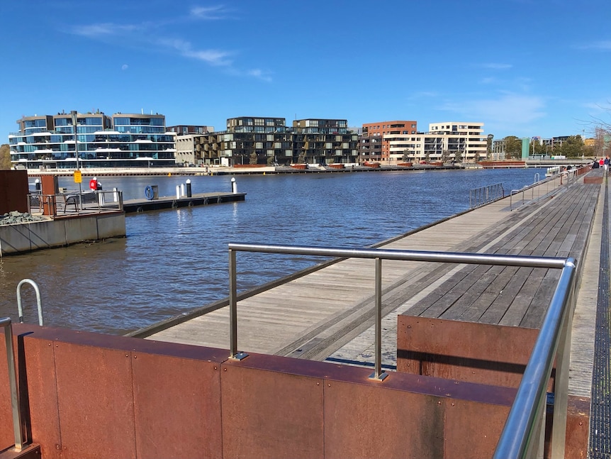 A line of apartment buildings sit along the edge of a lake.