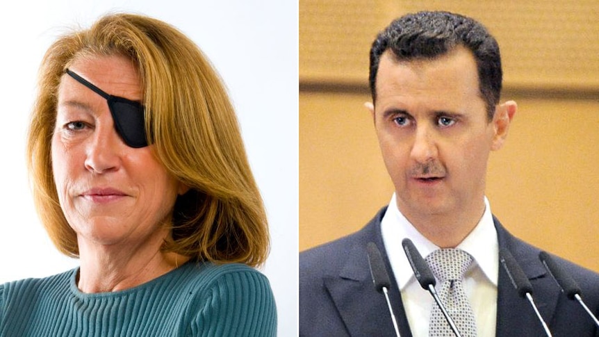 A composite image of journalist Marie Colvin and Syrian President Bashar al-Assad