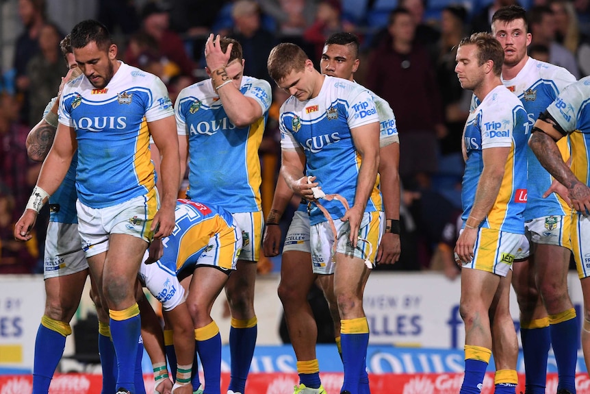 Gold Coast Titans players look dejected following loss to Broncos on August 5, 2017.