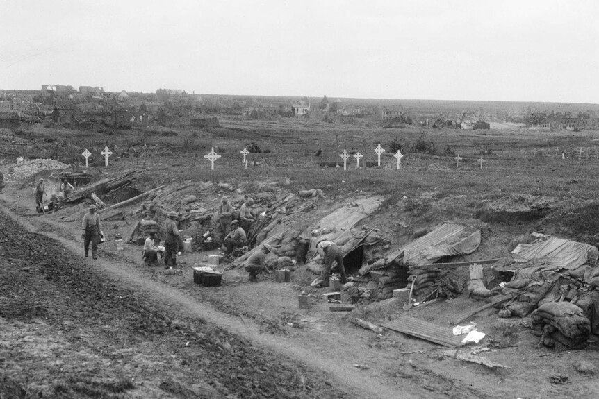 A black and white photo of battle trenches.