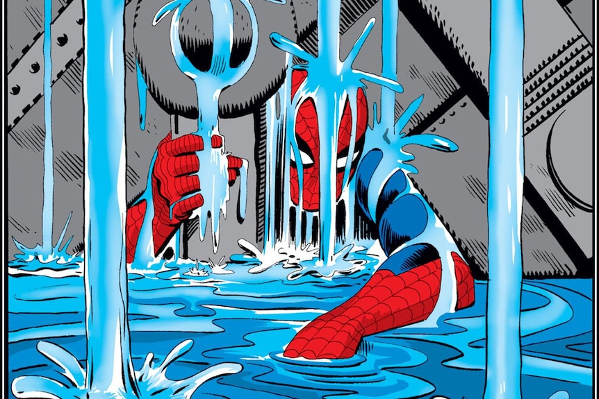 A comic book panel featuring Spider-Man trapped under heavy machinery as water rises around him.
