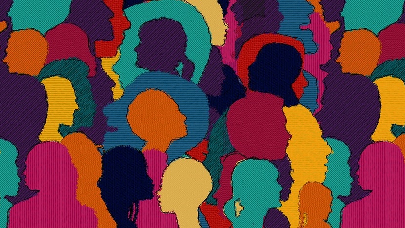 Graphic design of a multi coloured crowd of people 