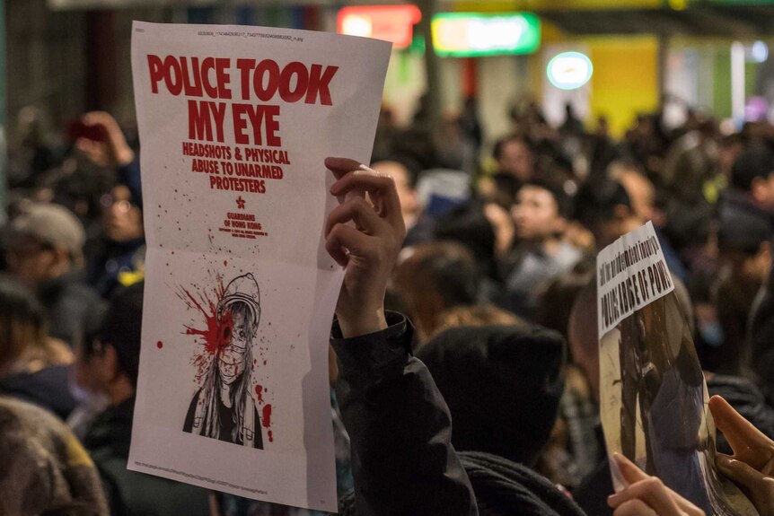 亲香港示威者在集会中手持“黑警还眼”的海报