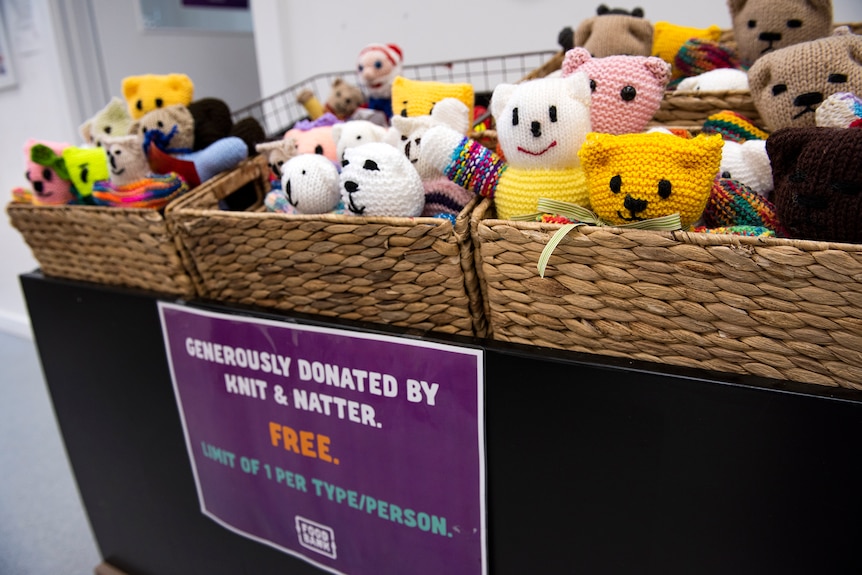 A display of soft toys marked for free