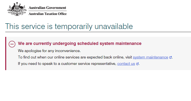 A screengrab of the ATO website showing a notice saying the service is temporarily unavailable.