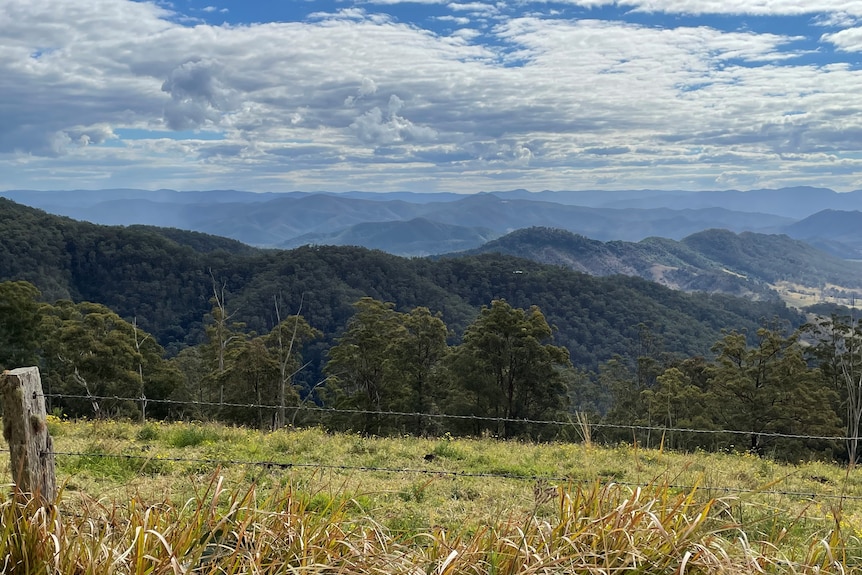 View from a high paddock, looking over mountain ranges.