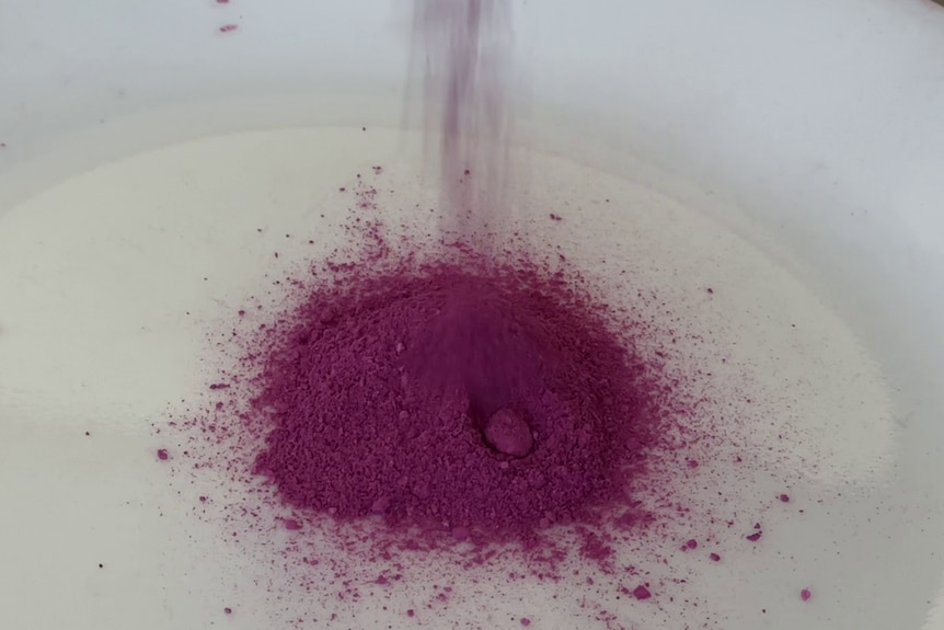 Close up of pile of magenta powder poured onto a plate.