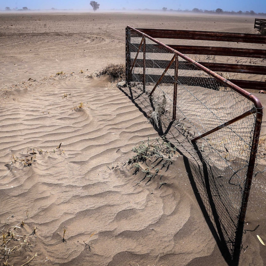 A fence and gate are covered in wind-blown soil. The sandy-looking soil on the ground is rippled from wind movement