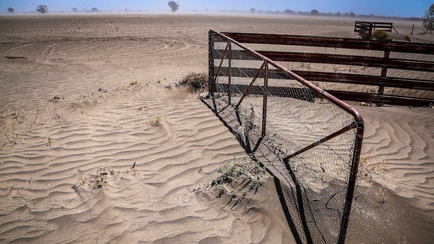 A fence and gate are covered in wind-blown soil. The sandy-looking soil on the ground is rippled from wind movement