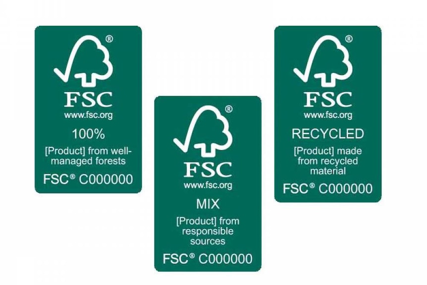 Three different green FSC timber certification labels.