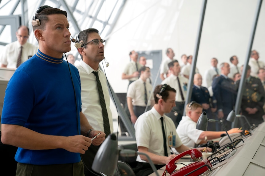 A still from the movie Fly Me to the Moon with Channing Tatum in 50s clothes in the NASA control room