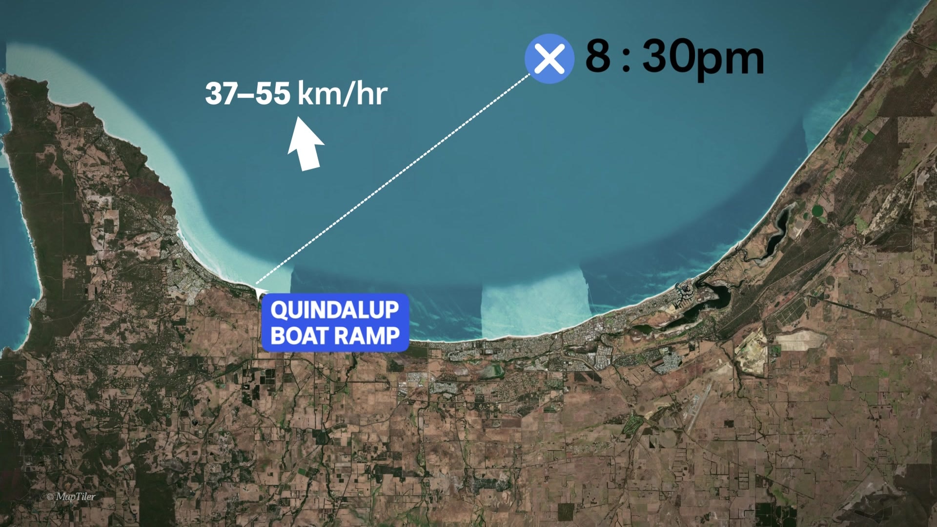 Um mapa mostrando um resgate em Geographe Bay