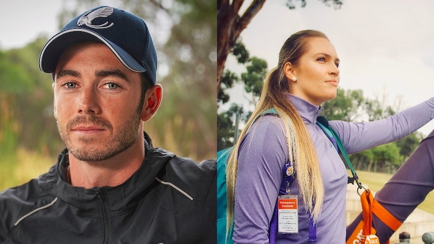 Composite image of a man in a blue cap looking at the camera and a woman in purple activewear looking towards the distance.