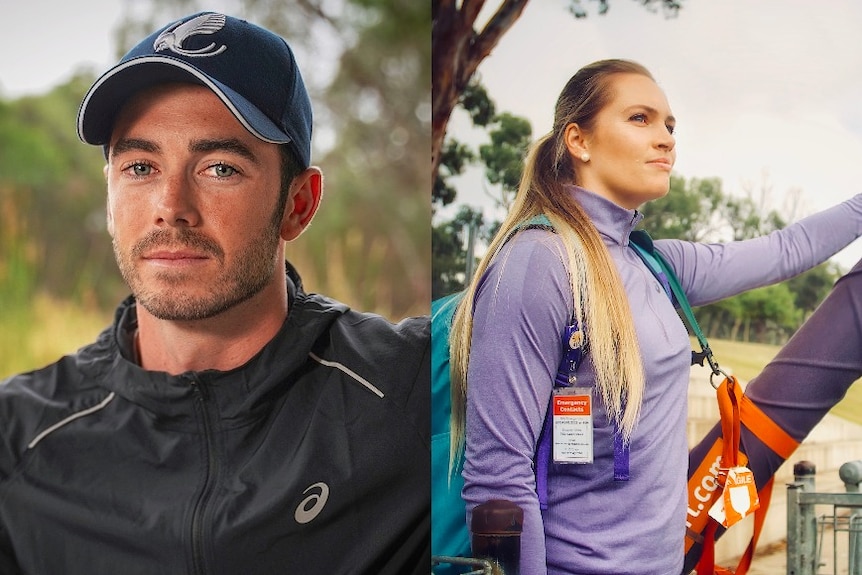 Composite image of a man in a blue cap looking at the camera and a woman in purple activewear looking towards the distance.