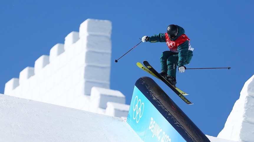 Abi Harrigan performs a trick during the Women's Freestyle Skiing Freeski Slopestyle Qualification at Winter Olympics