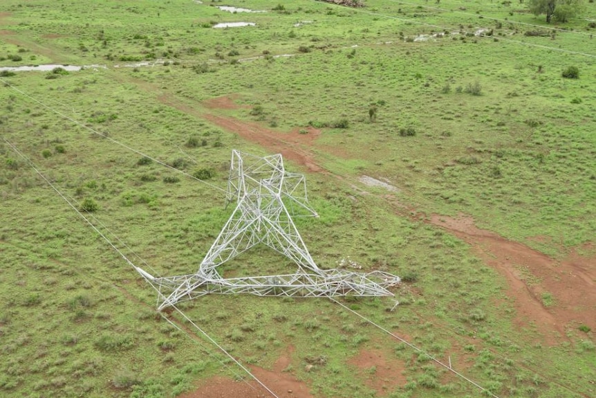 One of 10 transmission towers southwest of Mackay damaged by Tropical Cyclone Debbie