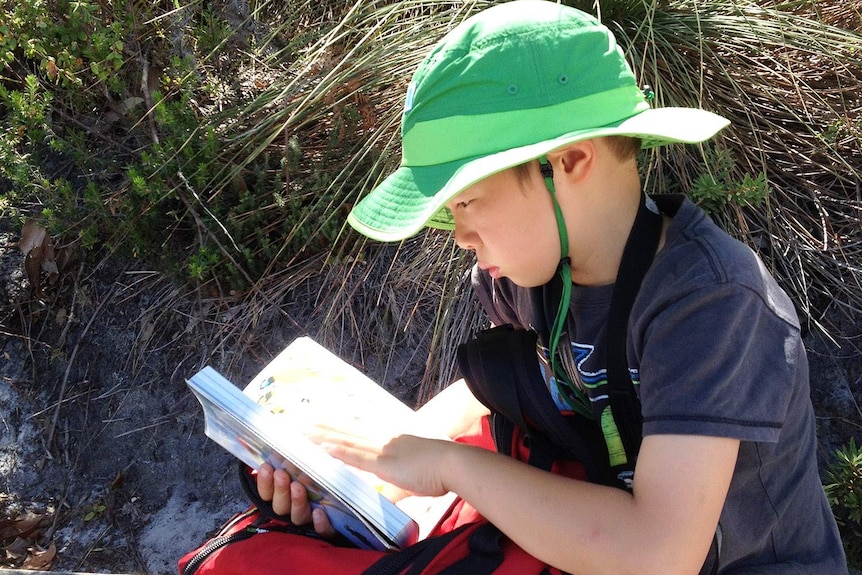 Budding ornithologist 10-year-old Austin McConville from Melbourne looking up a species in his bird book