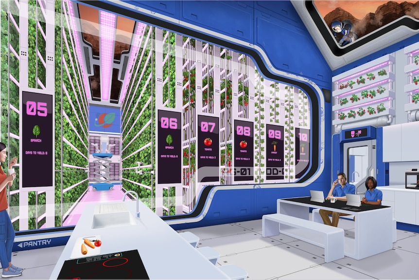 An artist's image of a colourful Mars living environment, plants growing on walls, with numbered electronic display boards.