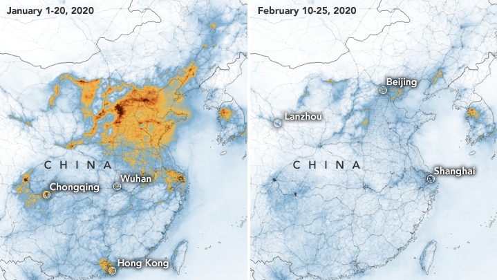 A composite of satellite imagery shows a map of China with high air pollution and another with a decreased pollution.