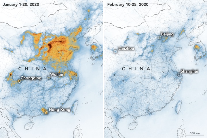A composite of satellite imagery shows a map of China with high air pollution and another with a decreased pollution.