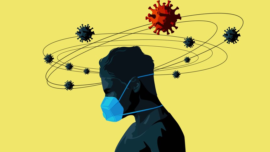 Illustration of a man wearing a mask with virus particles swirling around his head