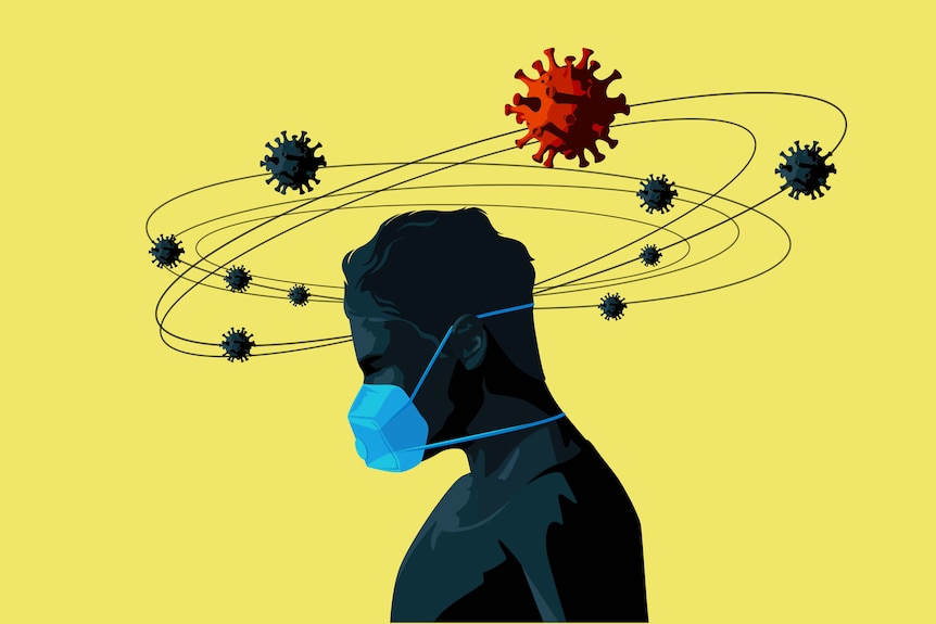 Illustration of a man wearing a mask with virus particles swirling around his head