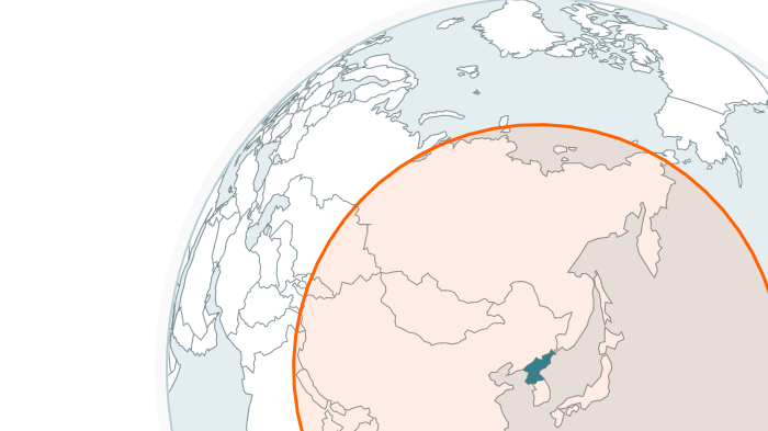 Globe with red circle around North Korea shows the range of its intermediate-range ballistic missiles. Most of China is inside