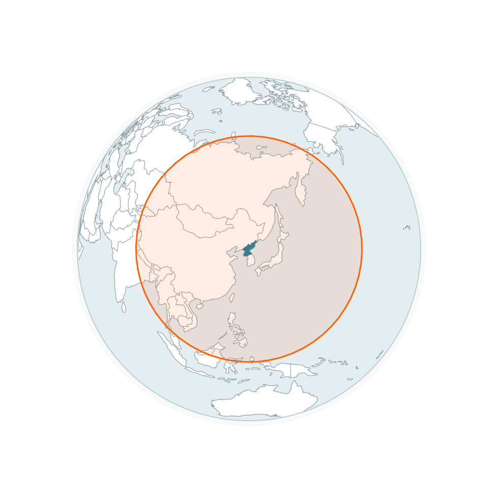 Globe with red circle around North Korea shows the range of its intermediate-range ballistic missiles. Most of China is inside
