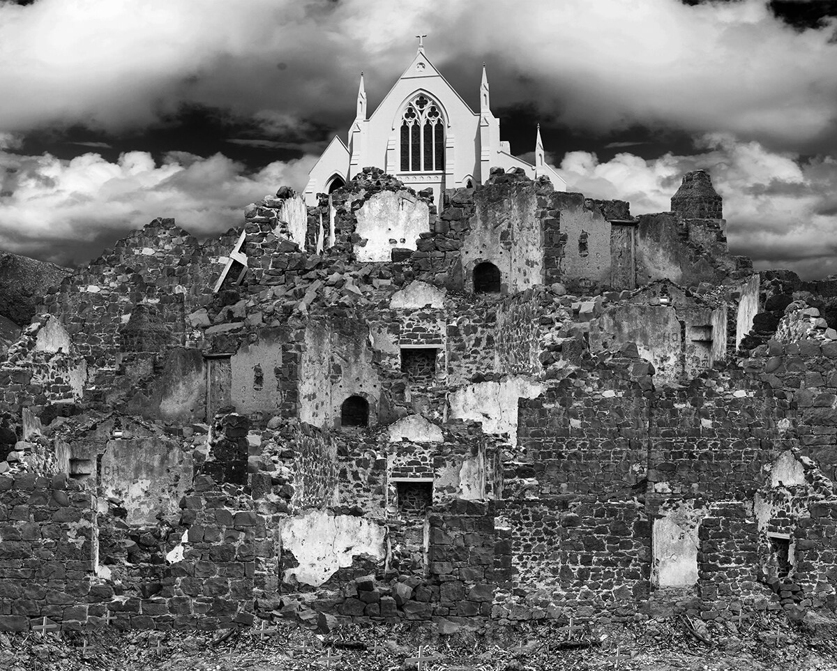 Black and white photographic artwork of layered churches and ruins by artist Hayley Millar-Baker.