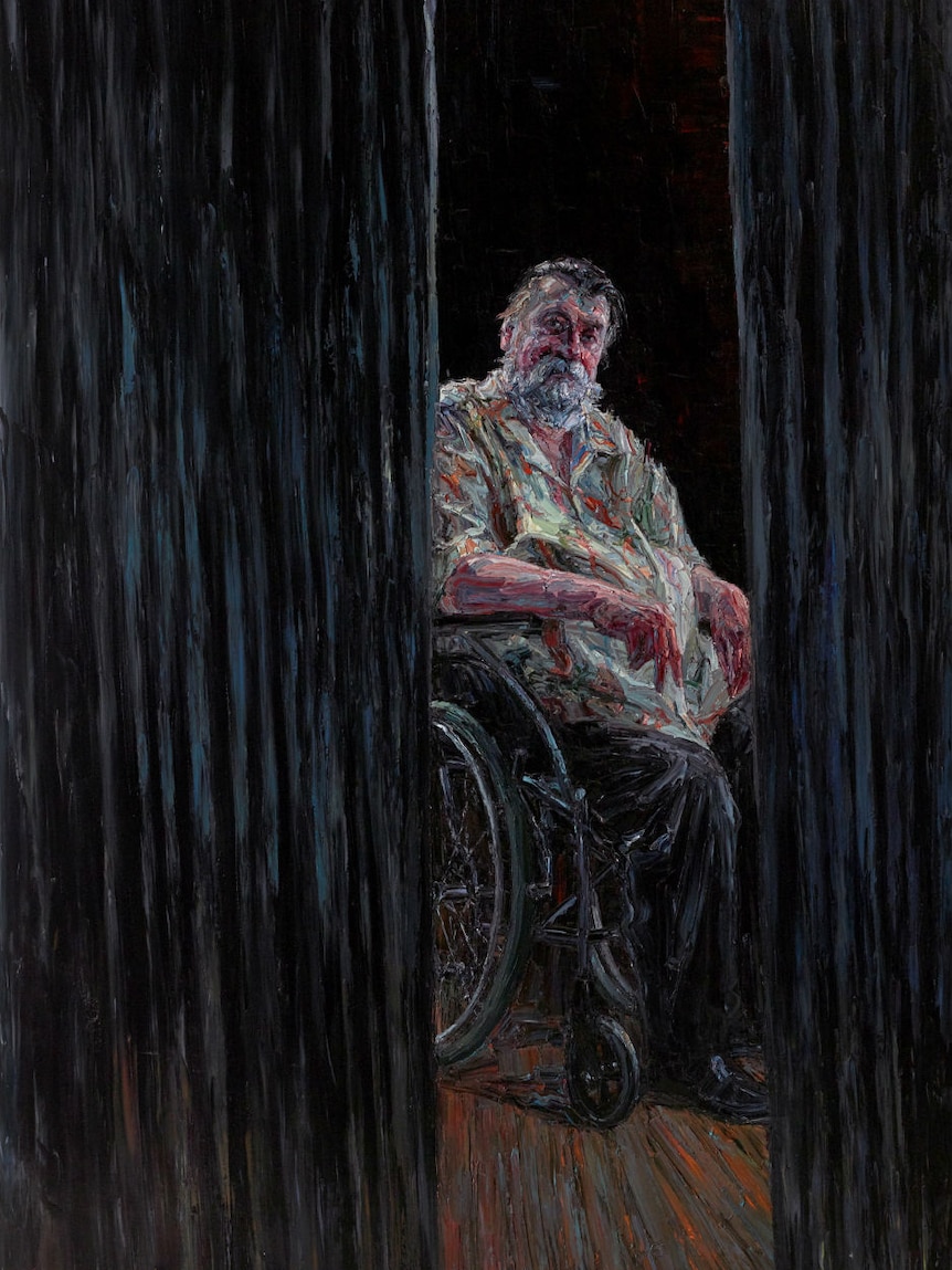 A painting of a man staring.