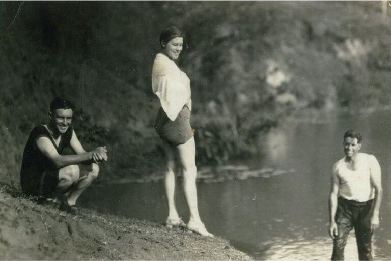 Black and white photo of Harry Dalziel with his sister, Nellie, and brother, Bill, at a swimming hole in Atherton.