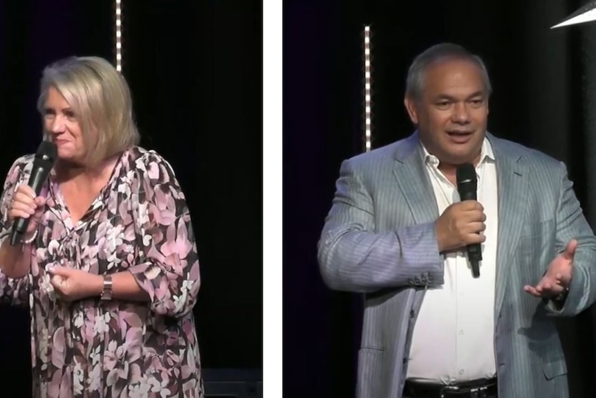 A split image showing a woman and a man, both holding microphones as they speak at an event.
