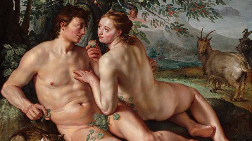 Painting 'The Fall of Man' (1616), depicting naked Adam and Eve in Eden, by Hendrick Goltzius 
