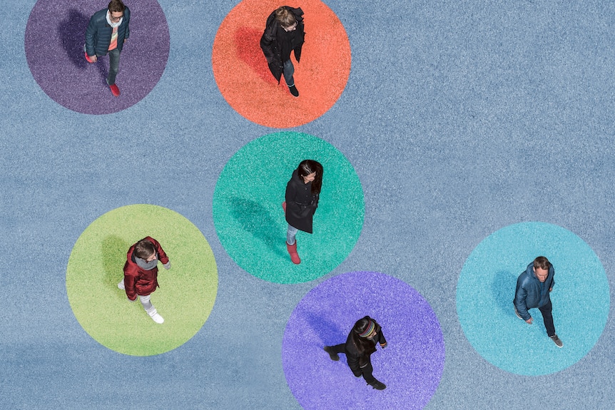 Aerial image of six people walking, each in inside an illustrated coloured circle.