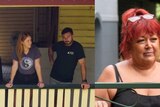 Composite image of a couple standing on a balcony and a woman with red hair. 