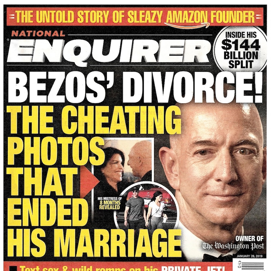 A tabloid cover with large headlines and photos.