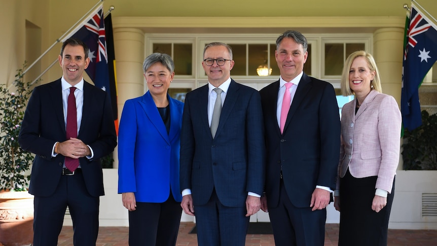 Anthony Albanese and his senior team, from left, Jim Chalmers,  Penny Wong, Richard Marles and Katy Gallagher