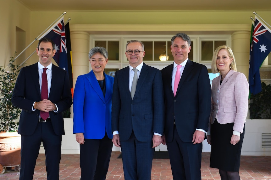 Anthony Albanese and his senior team, from left, Jim Chalmers,  Penny Wong, Richard Marles and Katy Gallagher