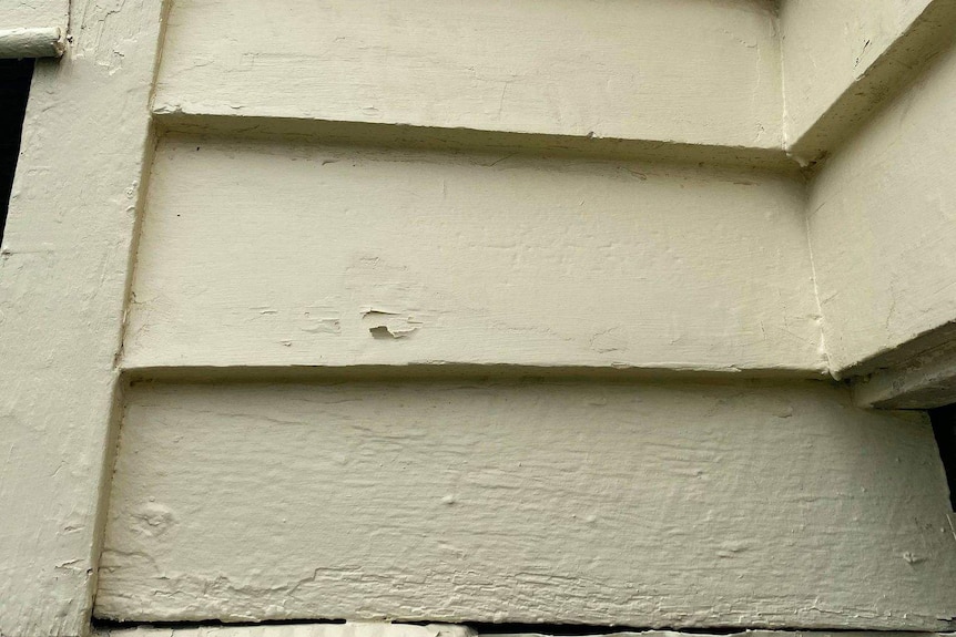 Paint chipping off the side of weatherboards.