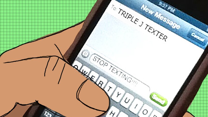 Hand holding phone with message to 'Triple J Texter' open
