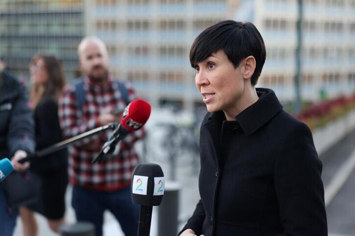 Norway's Foreign Minister Ine Marie Eriksen Soreide talks to the media outside the Ministry of Foreign Affairs.