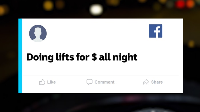 A facebook post which says "doing lifts for $ all night" with an image of a dashboard in background