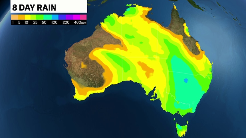 Map of Australia with green indicating 25 to 100mm forecast for much of the east this week.