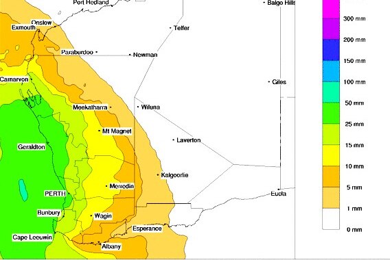 A white map of Western Australia with coloured regions in yellow and green indicating areas of forecast rainfall.