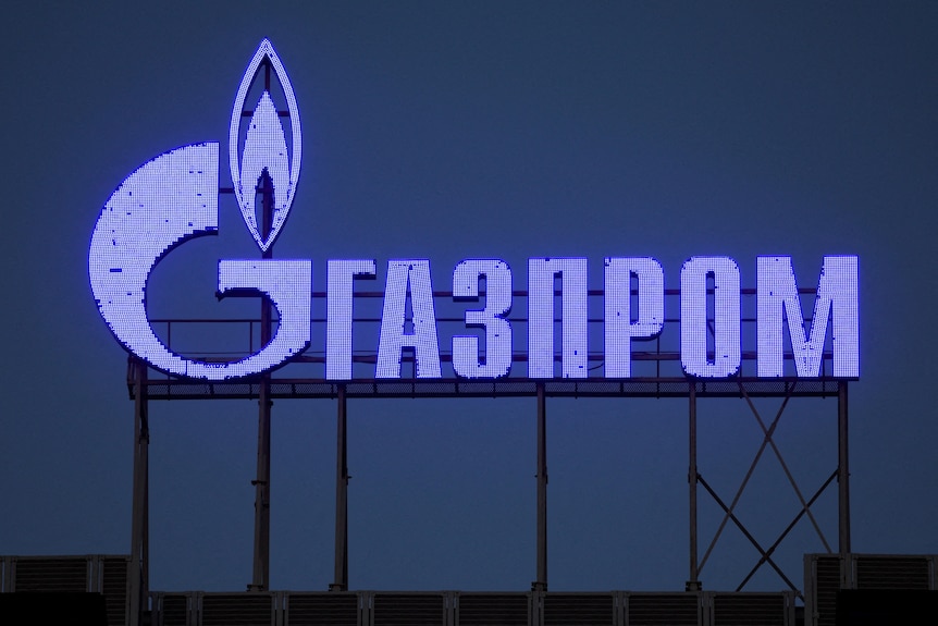 The logo of Gazprom company is seen on the facade of a business centre in Saint Petersburg