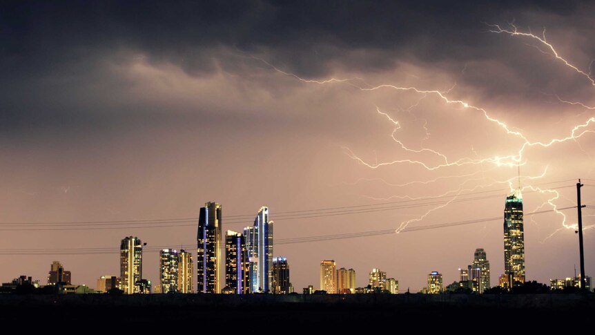 Lightning above city skyline