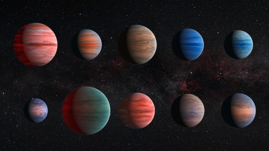 Artists impression of the ten hot Jupiter exoplanets examined in this study. Each is different in size composition and colour.