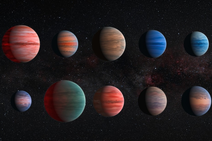 An artists impression of ten hot Jupiter exoplanets. Each is different in size composition and colour.