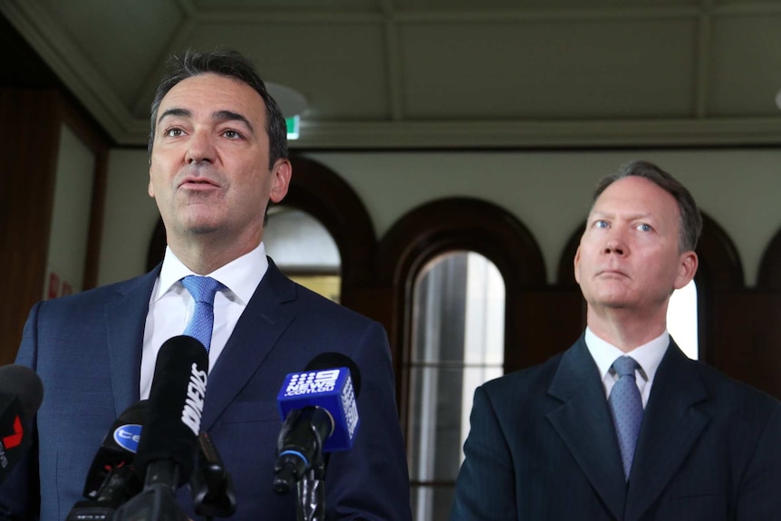 Premier Steven Marshall (L) welcomes Dennis Hood (R)